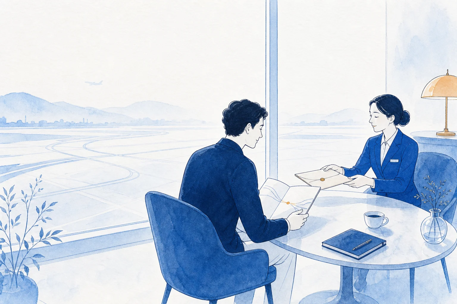 Watercolor illustration of a traveller reviewing a journey folio as an airport attendant respectfully returns a sealed document envelope.