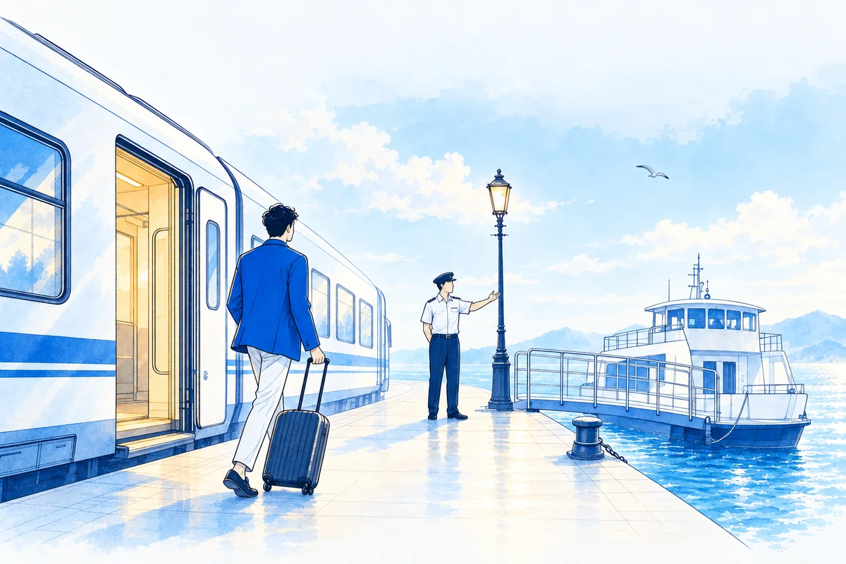 A traveller steps off a train onto a harbour platform with a rolling suitcase as a crew member points the way to a waiting ferry, one unbroken route from rail to water.