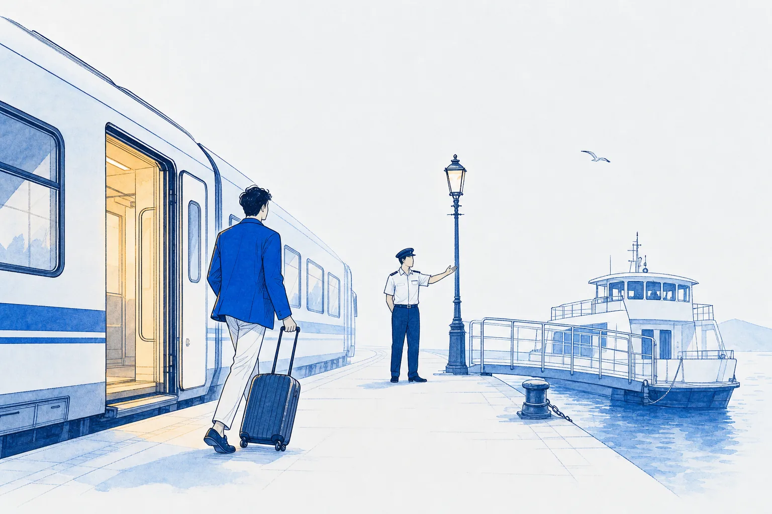 A traveller steps off a train onto a harbour platform with a rolling suitcase as a crew member points the way to a waiting ferry, one unbroken route from rail to water.