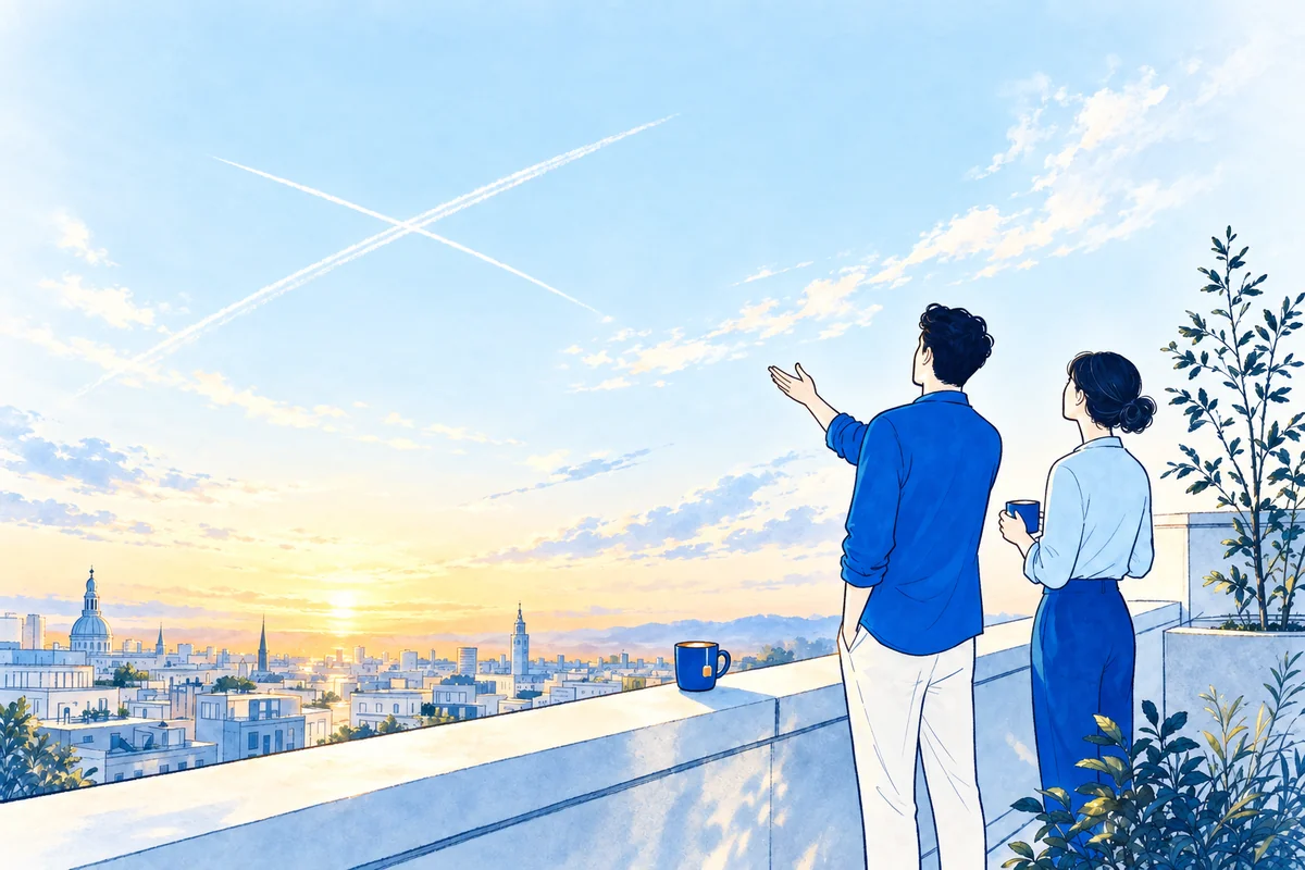 Illustration: two colleagues on a rooftop terrace at dusk watching two aircraft contrails cross on the horizon above a distant skyline.