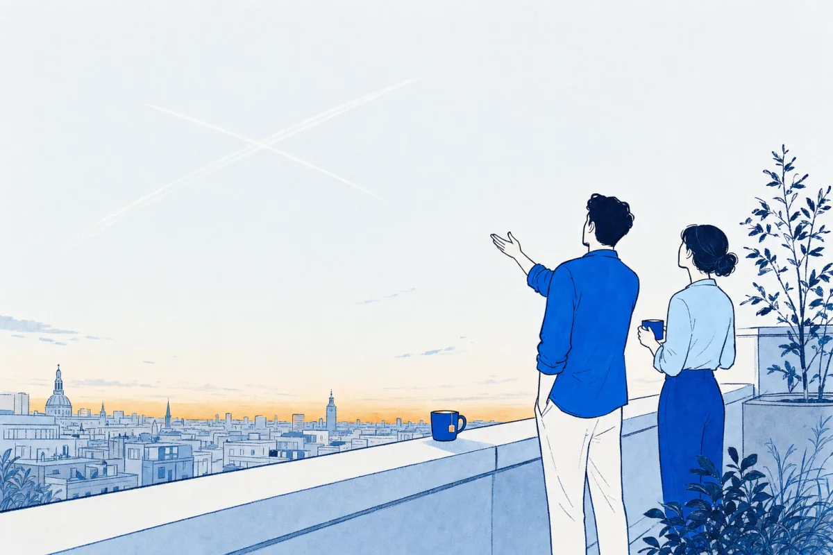 Illustration: two colleagues on a rooftop terrace at dusk watching two aircraft contrails cross on the horizon above a distant skyline.