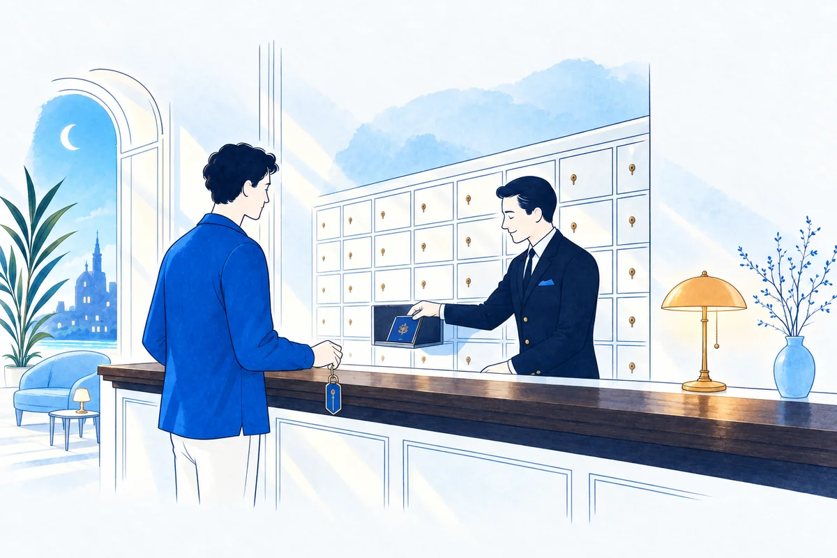 Illustration: late in the evening, a hotel concierge places a traveller's passport into one of a wall of small safe-deposit boxes behind the front desk while the traveller waits, relaxed, holding a room key.