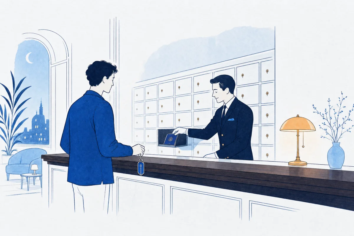 Illustration: late in the evening, a hotel concierge places a traveller's passport into one of a wall of small safe-deposit boxes behind the front desk while the traveller waits, relaxed, holding a room key.