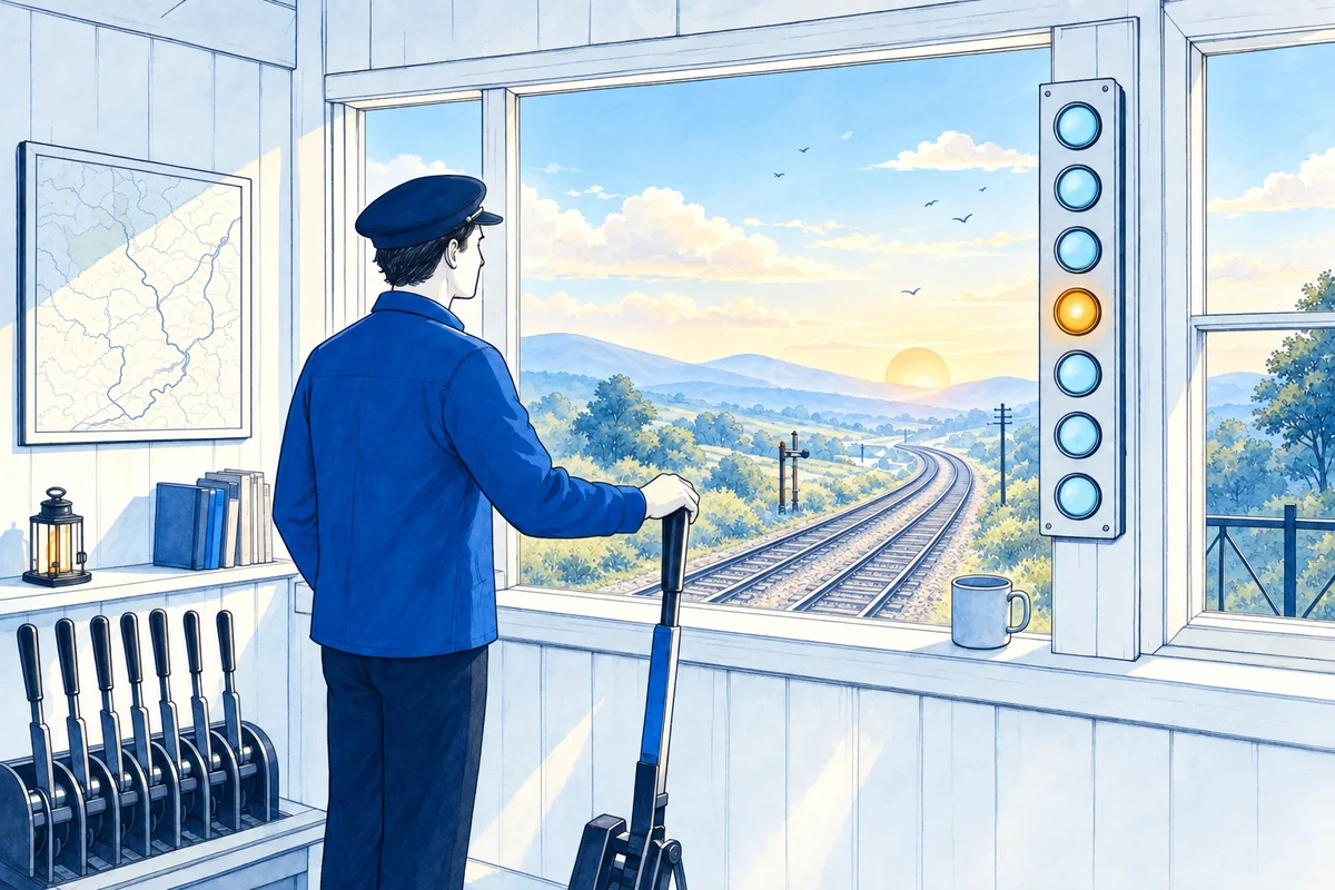 Illustration: a signal operator in a small railway signal box at dawn rests one hand on a tall lever and watches the line, where a column of signal lamps shows a single amber light among the clear ones.
