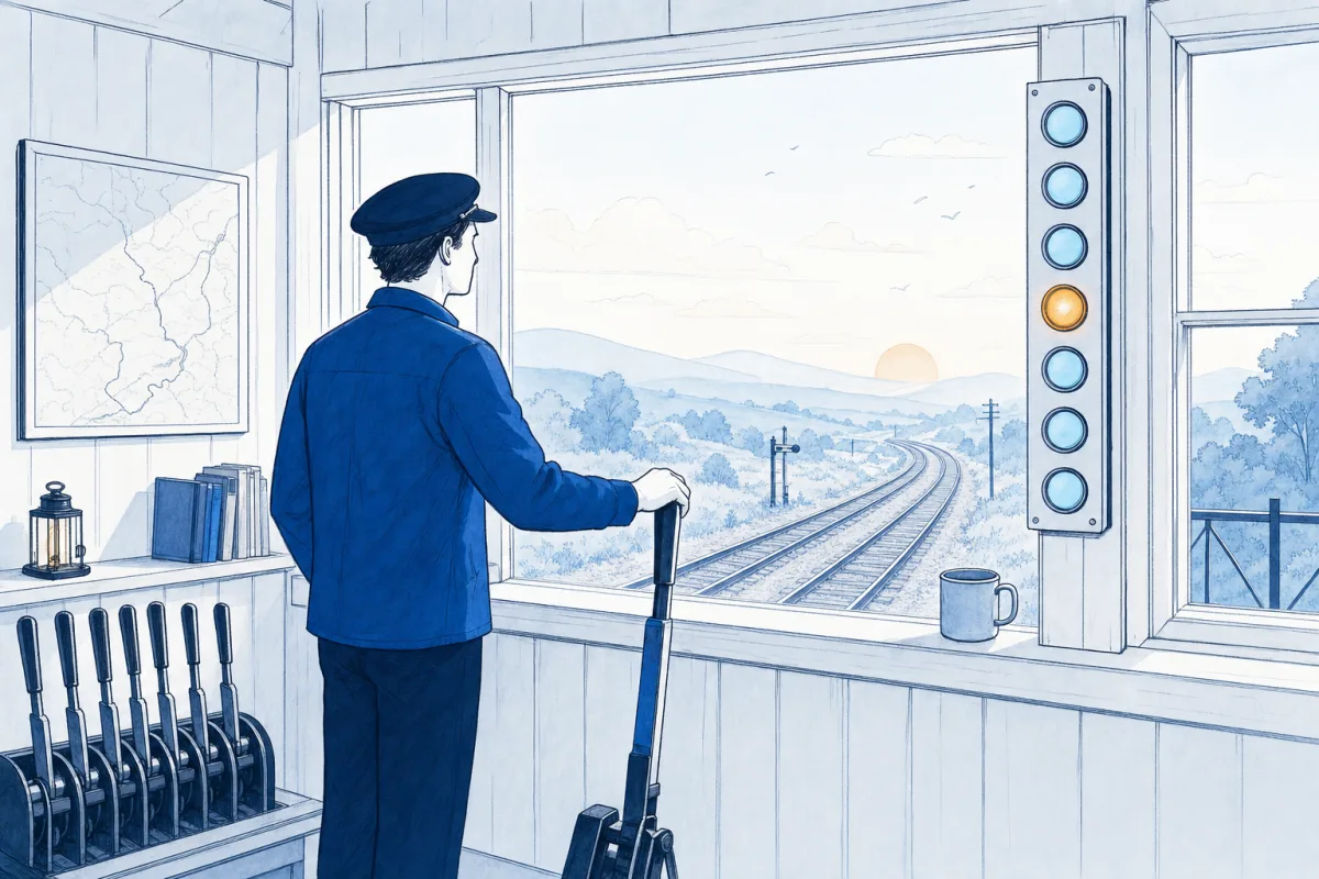Illustration: a signal operator in a small railway signal box at dawn rests one hand on a tall lever and watches the line, where a column of signal lamps shows a single amber light among the clear ones.