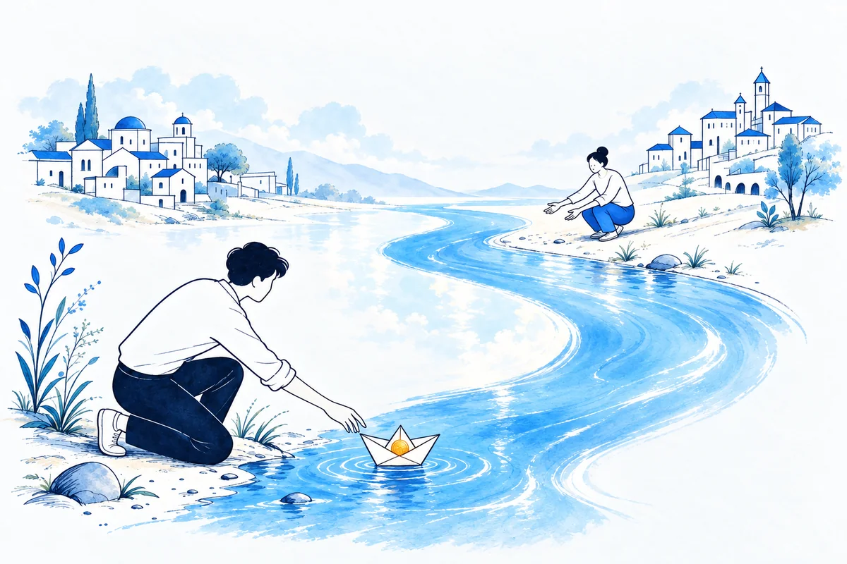 Illustration: a person launching a small paper boat carrying a single coin across a calm stream toward another figure waiting on the far bank.