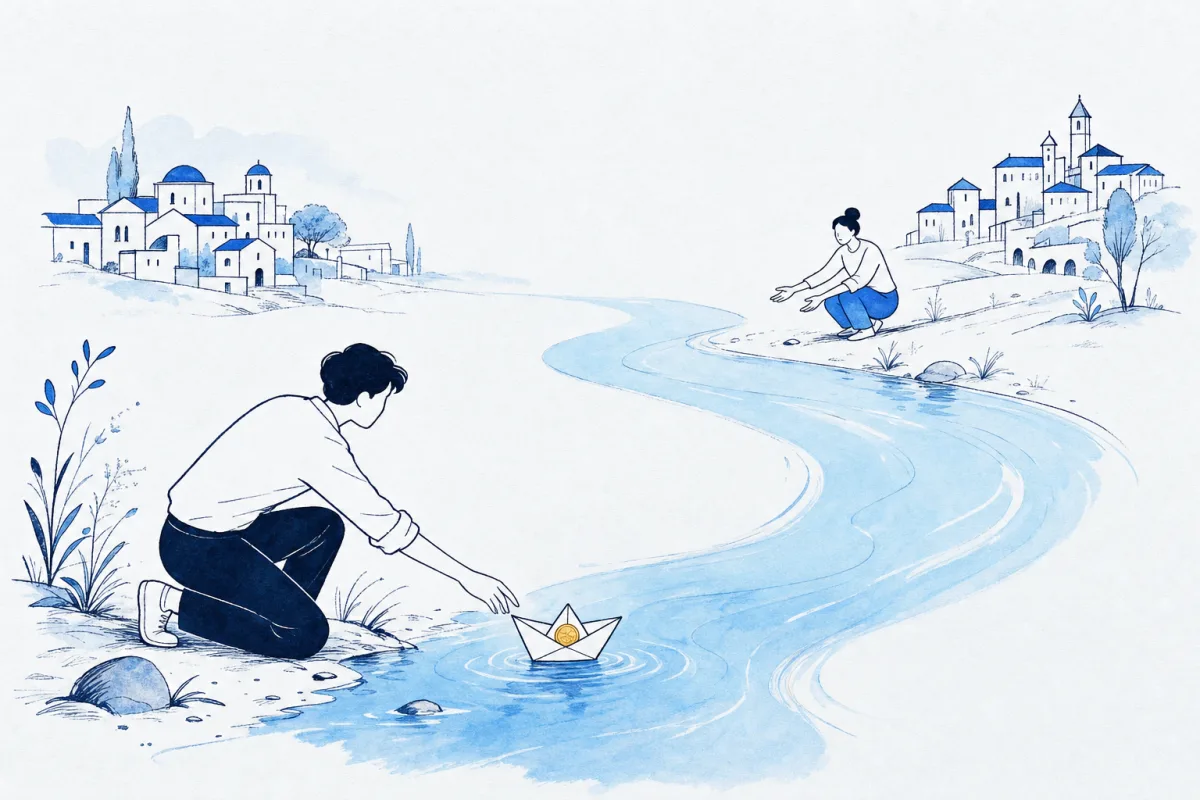 Illustration: a person launching a small paper boat carrying a single coin across a calm stream toward another figure waiting on the far bank.