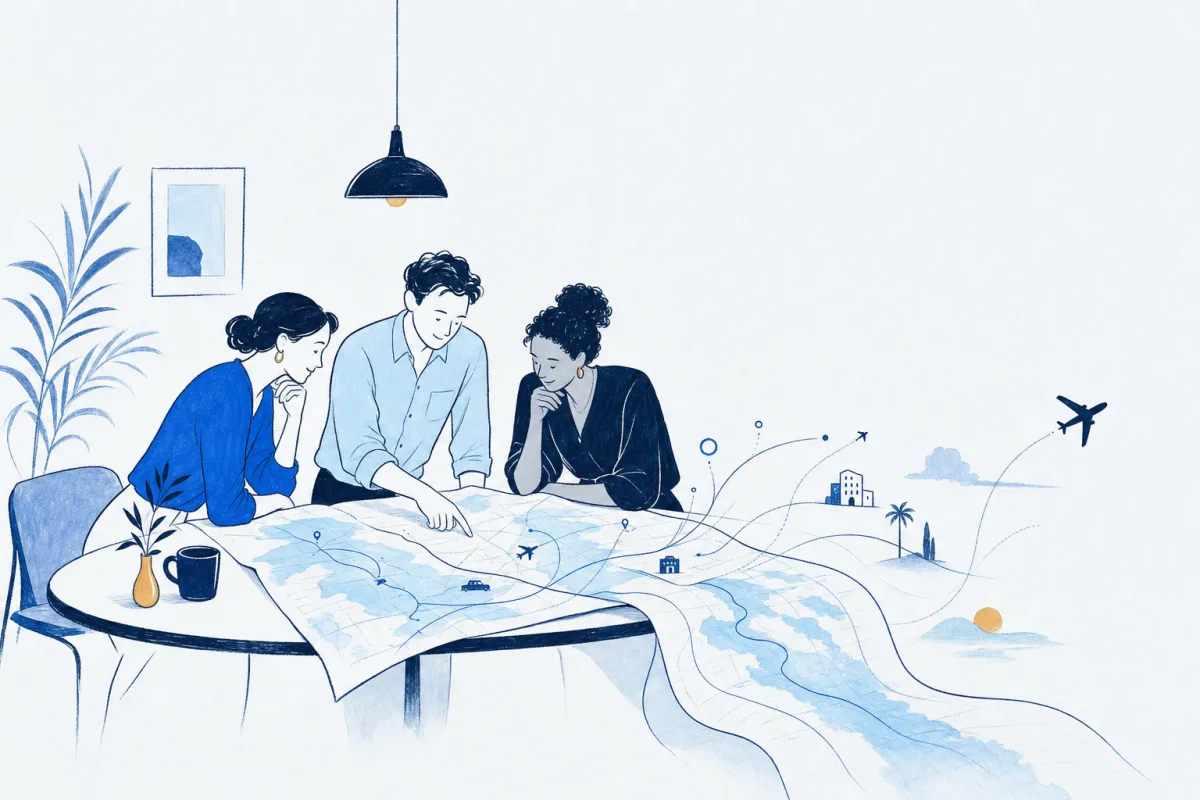 Illustration: three colleagues share one large route map that flows off the table like fabric