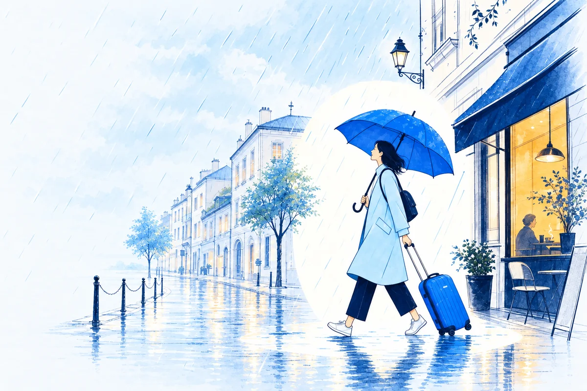 Illustration: a traveller strolling dry and content under a wide umbrella through soft rain, rolling a suitcase past a warmly lit café.
