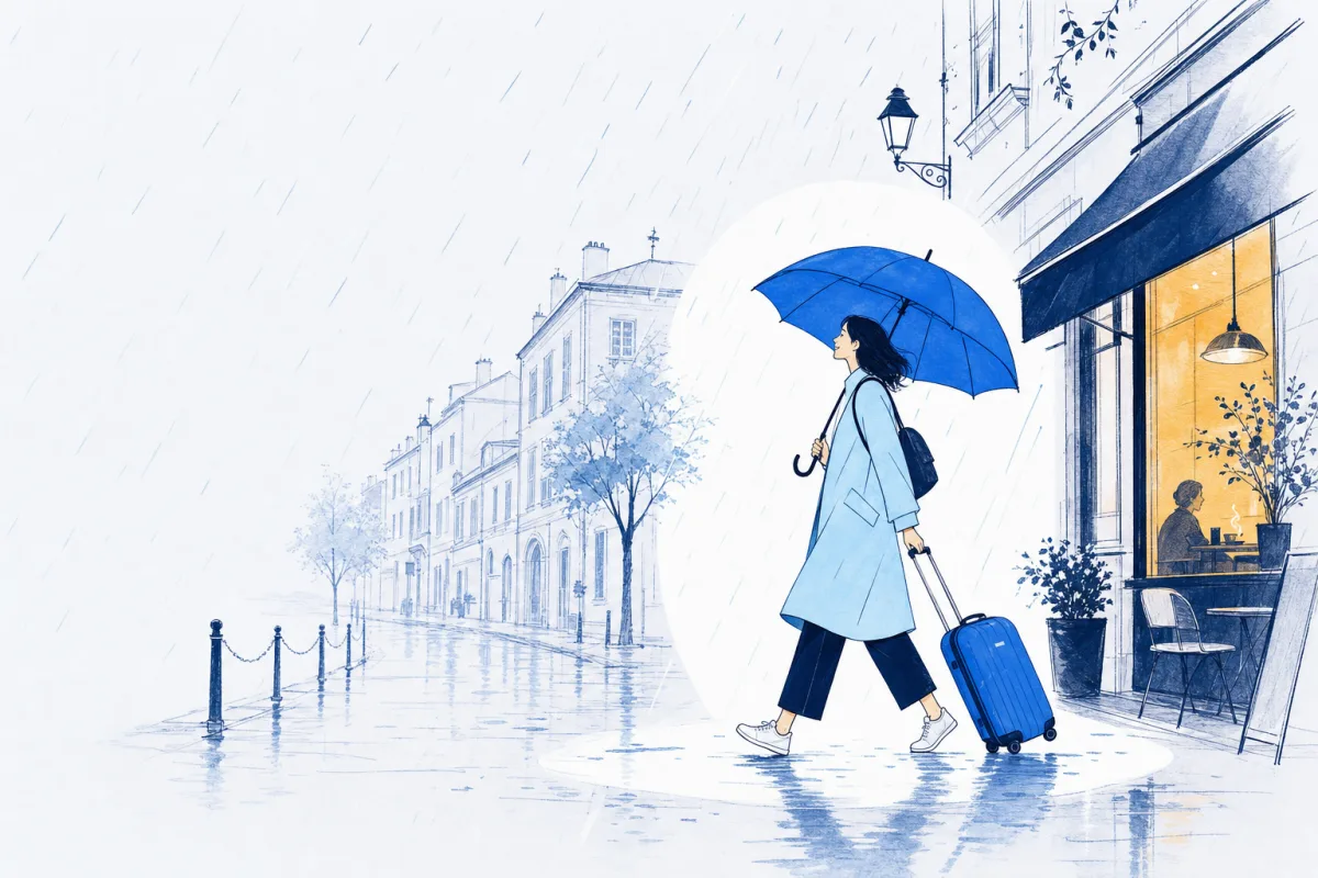 Illustration: a traveller strolling dry and content under a wide umbrella through soft rain, rolling a suitcase past a warmly lit café.