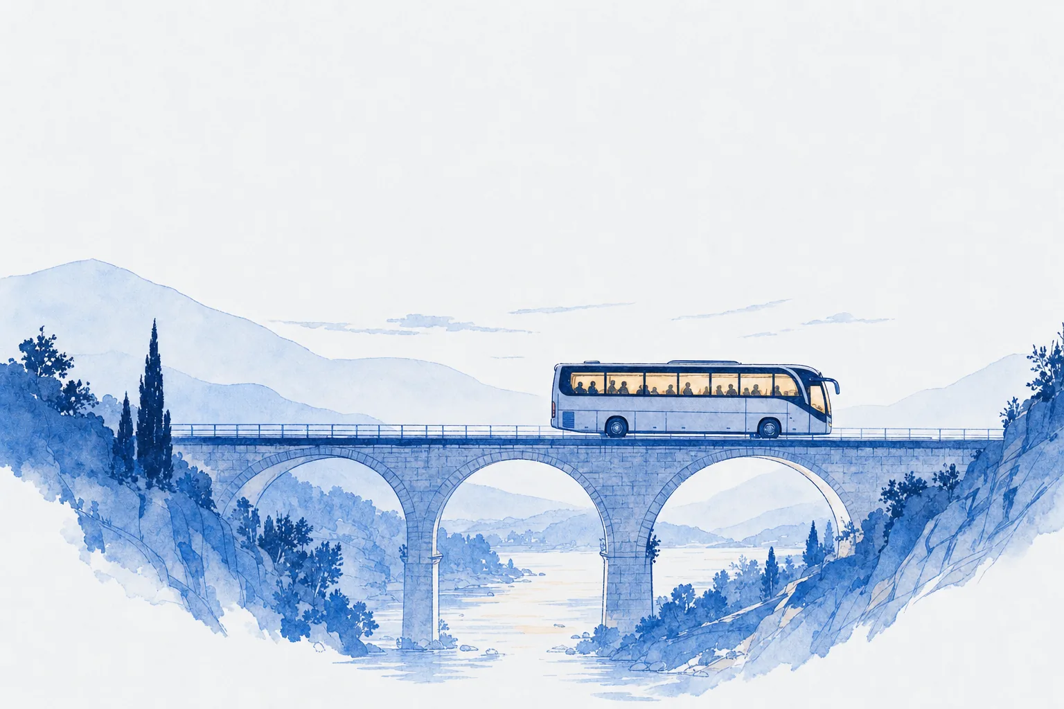 A lone coach crosses a stone viaduct through dusk-blue hills, its windows lit, a river winding below