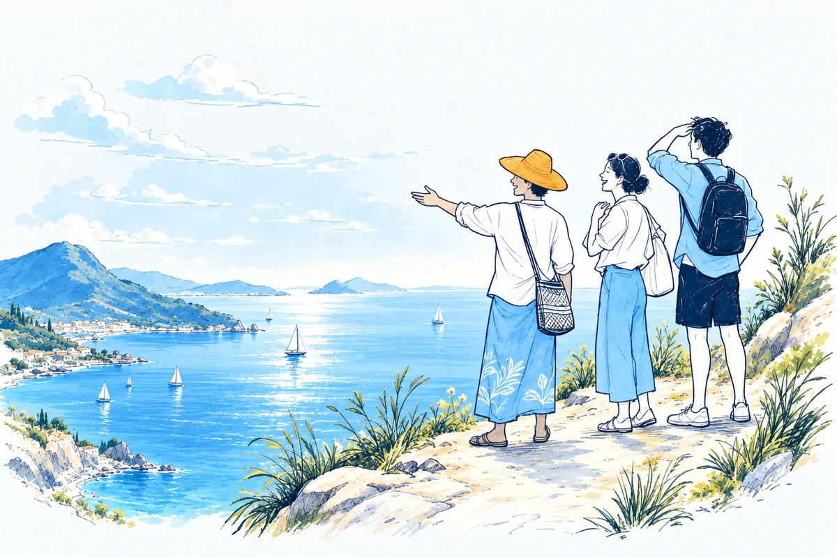Illustration: a guide gesturing toward a wide bay from a clifftop viewpoint while two delighted travellers take in the view.