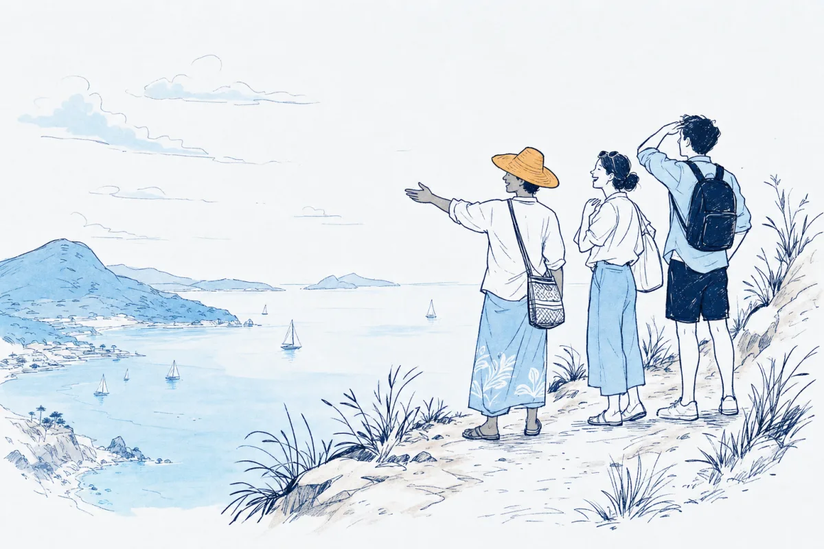 Illustration: a guide gesturing toward a wide bay from a clifftop viewpoint while two delighted travellers take in the view.