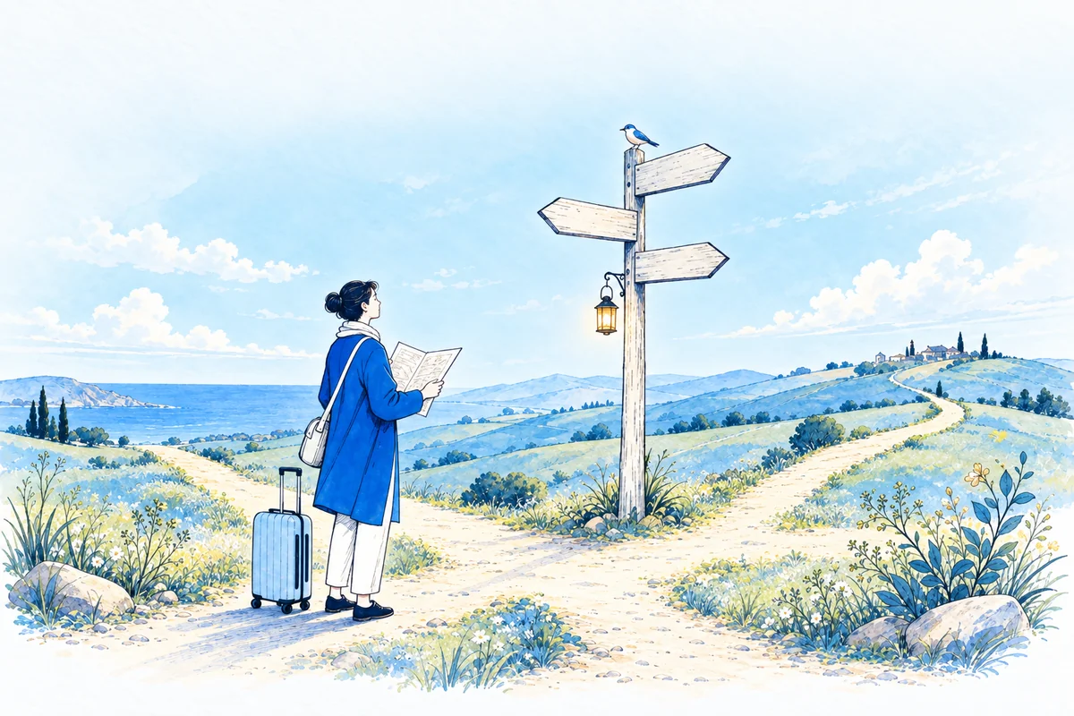 Illustration: a traveller with a map stops at a signpost where two paths split