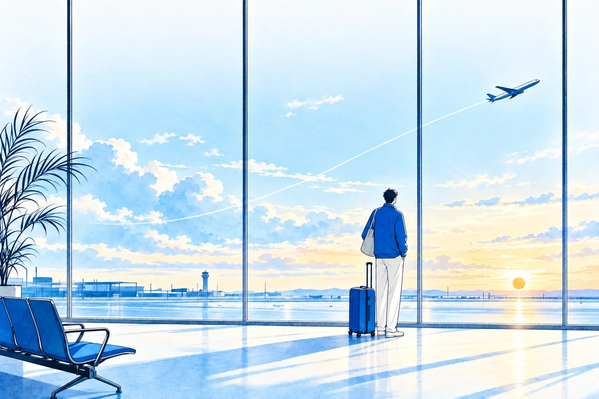 Illustration: a traveller at a dawn airport window watches a plane lift away