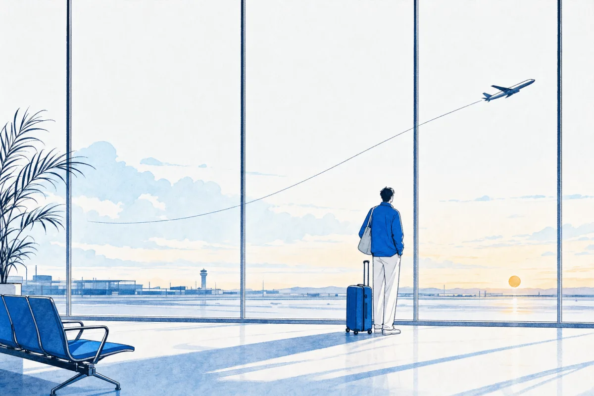 Illustration: a traveller at a dawn airport window watches a plane lift away