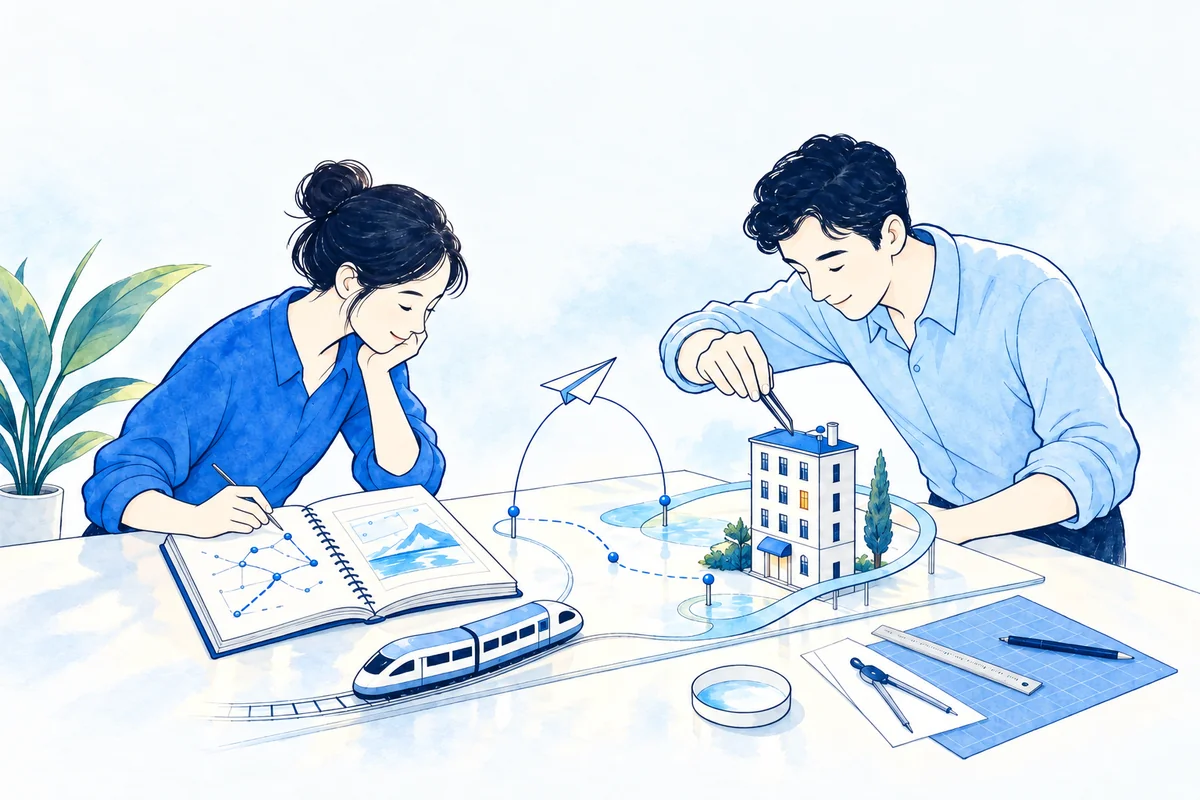 Illustration: two builders at a workbench assemble a miniature travel network — a paper plane, a model train and a small hotel — one placing the last piece while the other reads an open manual.