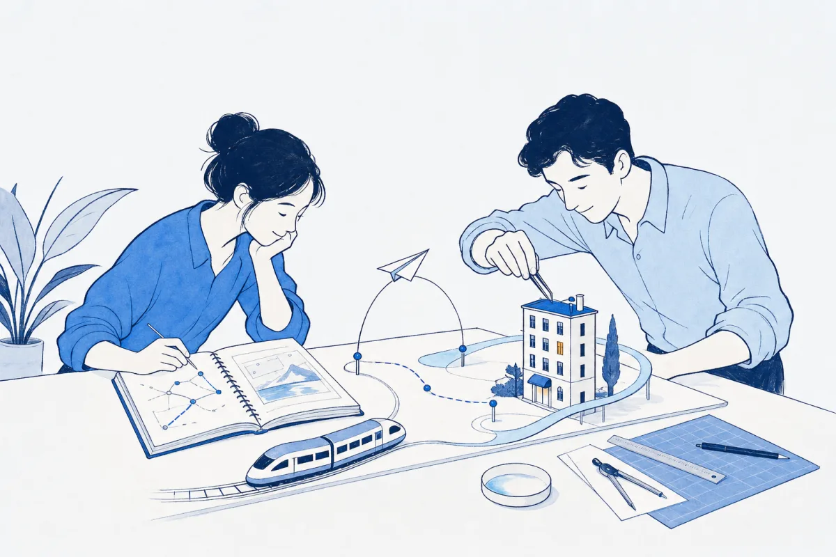 Illustration: two builders at a workbench assemble a miniature travel network — a paper plane, a model train and a small hotel — one placing the last piece while the other reads an open manual.