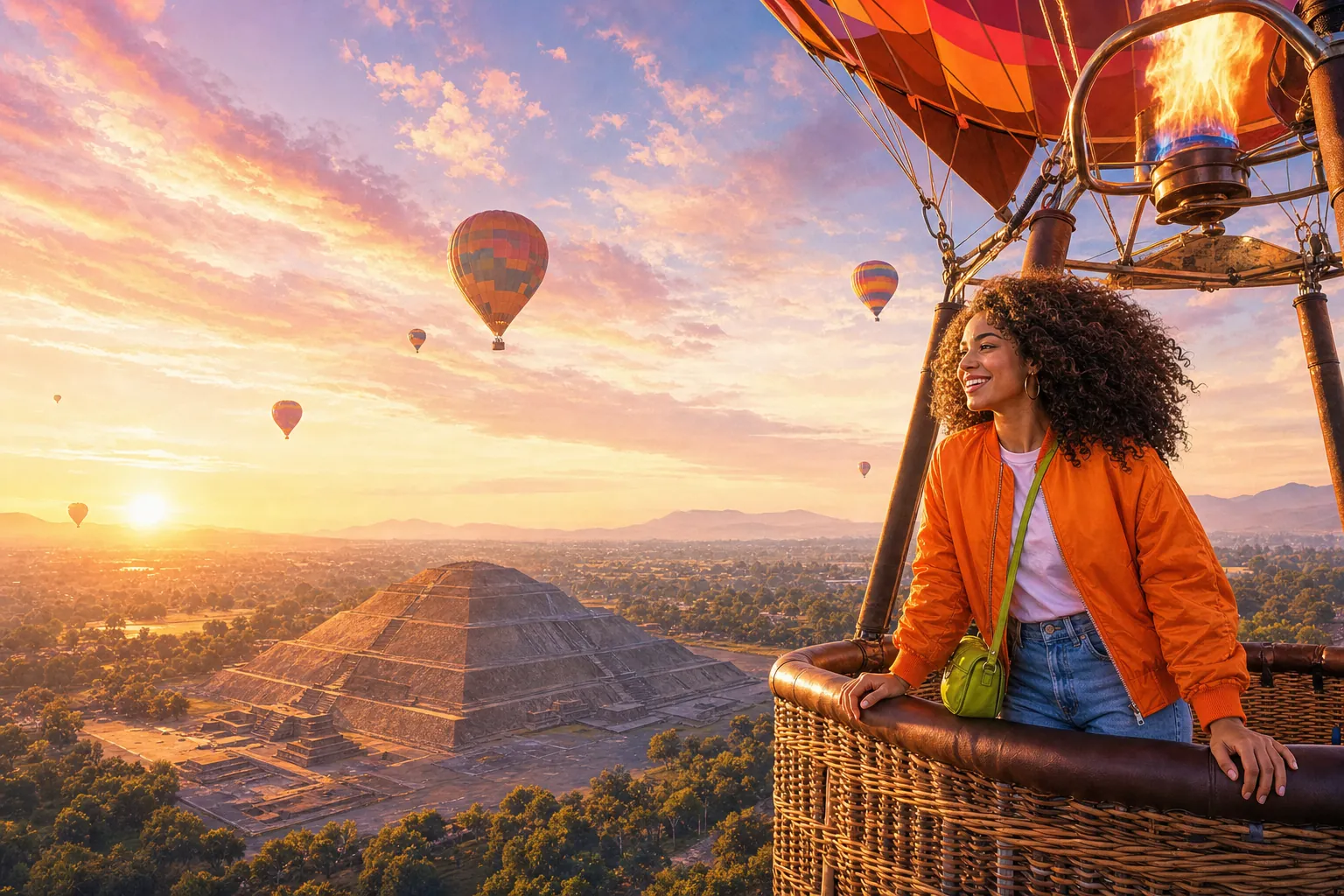 Illustration: at sunrise the traveller leans out of a hot-air balloon basket as colourful balloons drift over the Pyramid of the Sun at Teotihuacan.