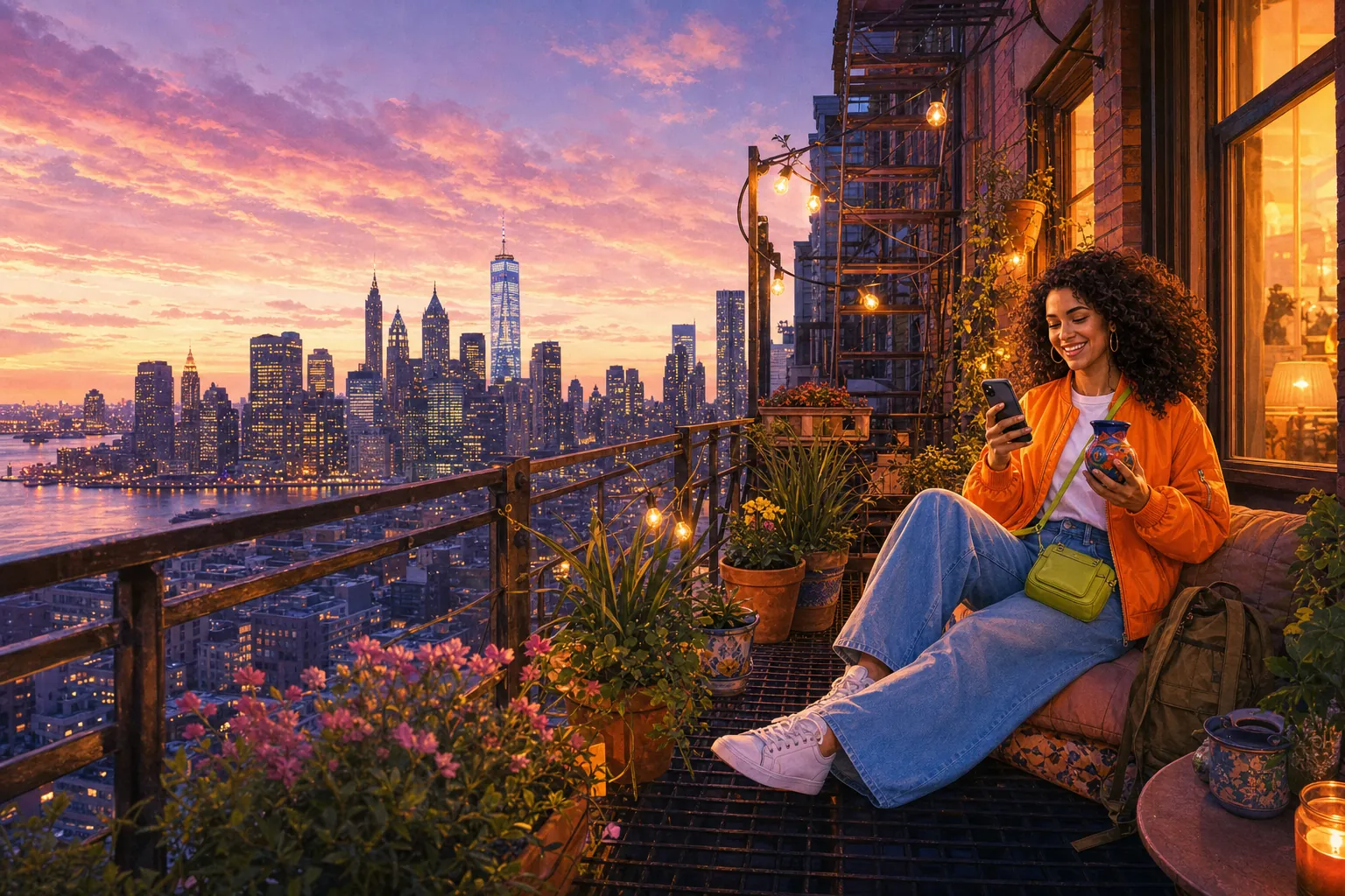 Illustration: on Sunday night the traveller relaxes in her Brooklyn fire-escape garden, the Manhattan skyline twinkling at dusk.