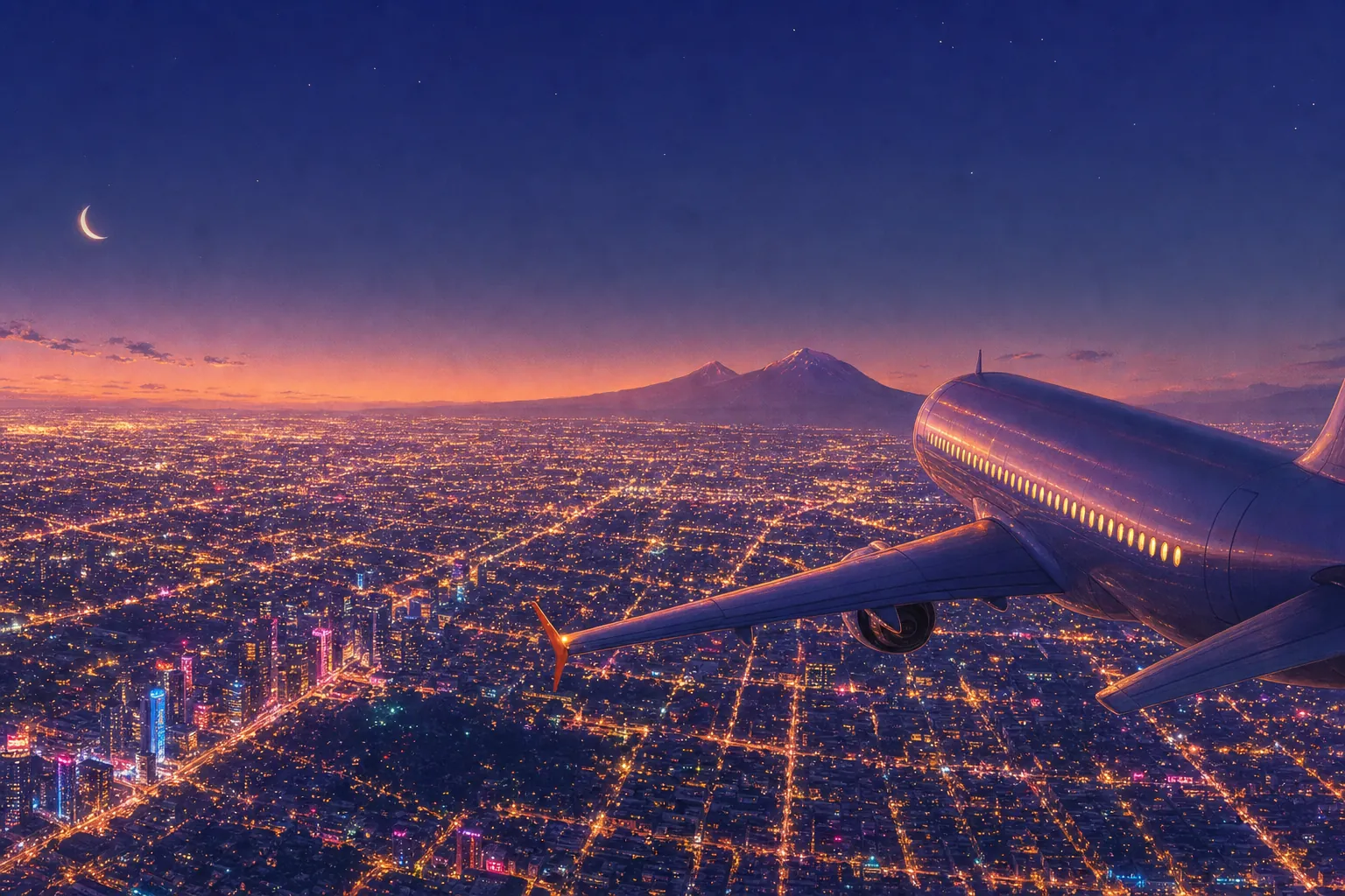 Illustration: at night a passenger plane with glowing windows banks over the endless glittering lights of Mexico City, two volcanoes on the horizon.