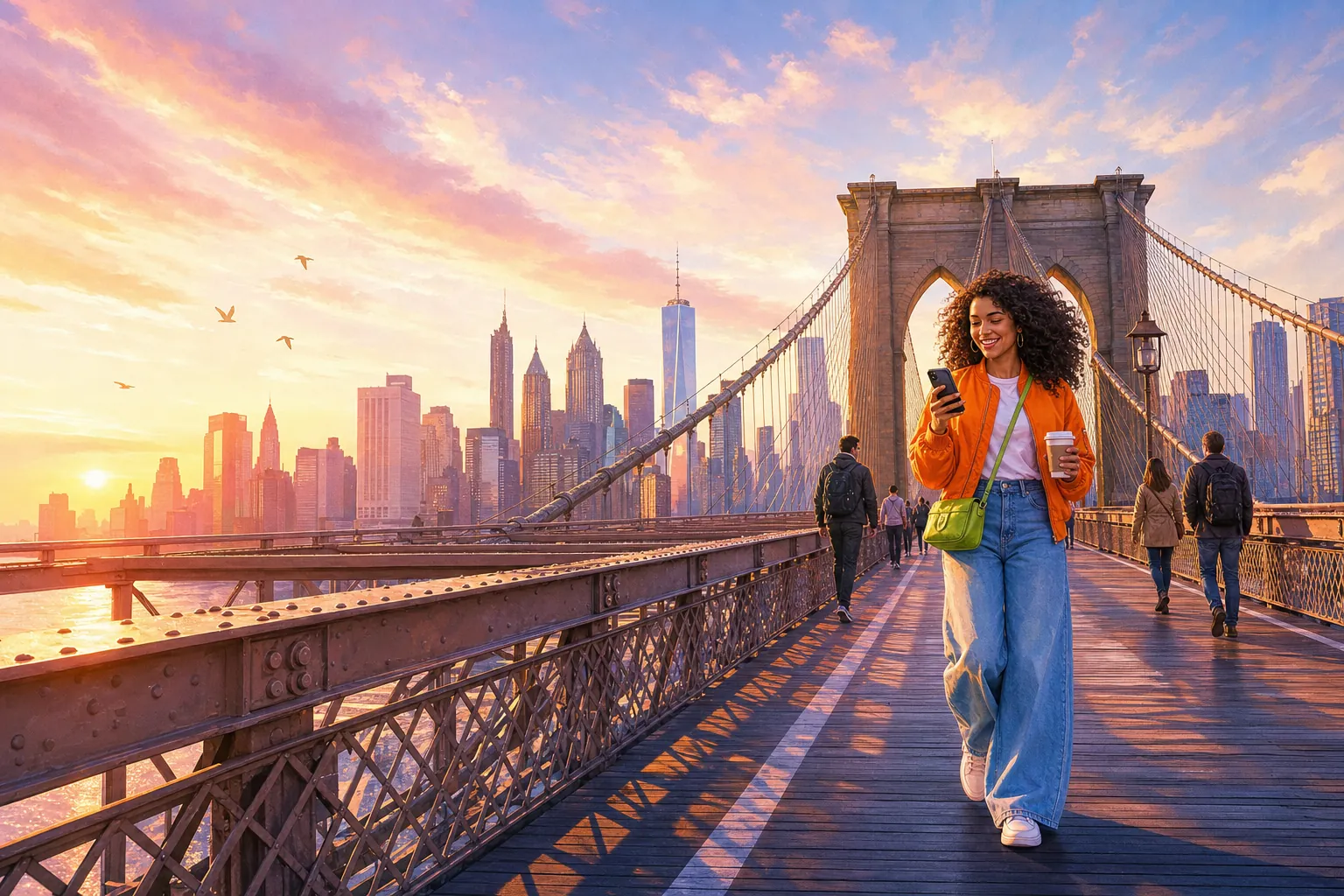 Illustration: at sunrise on the Brooklyn Bridge, a young woman in an orange bomber jacket smiles at her phone with a coffee in hand, the Manhattan skyline glowing pink and gold behind her.