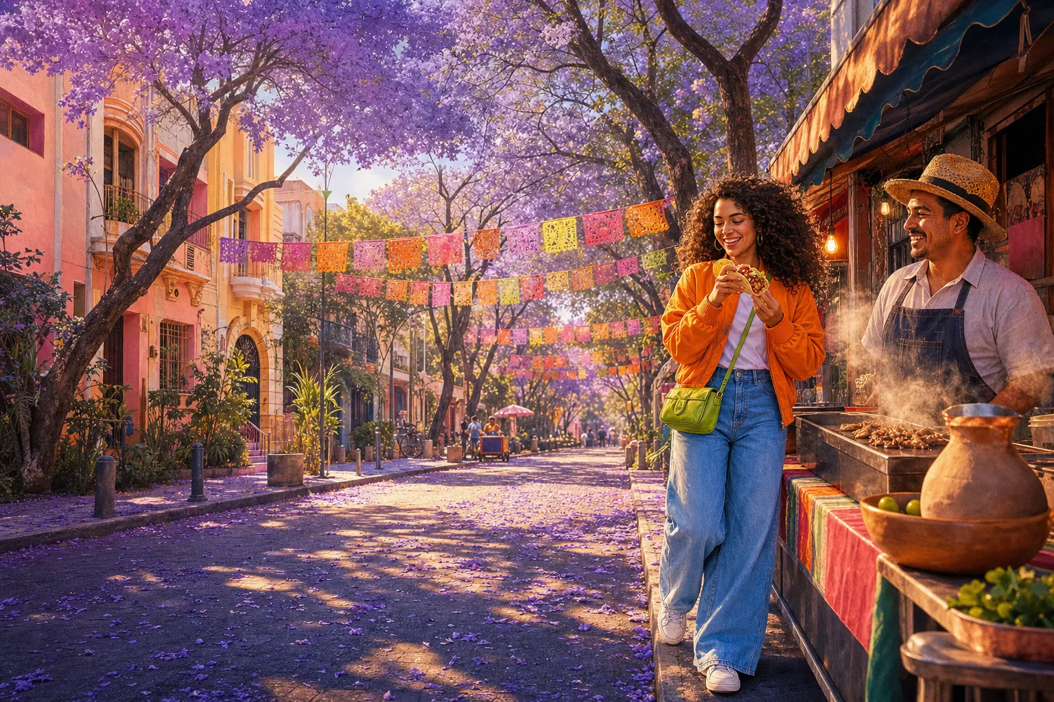 Illustration: under purple jacaranda trees and colourful paper flags in Mexico City, the traveller laughs over a taco at a street stand with a local cook.